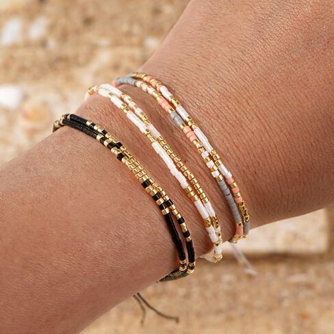 Boho Beaded Strand Friendship Bracelets set for Women,Adjustable Dainty Handmade Stackable White Gray Black 3PCS Couples String Rope Bracelet Bohemia Jewelry Gift in Saudi Arabia
