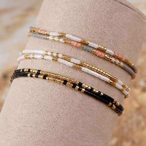 Boho Beaded Strand Friendship Bracelets set for Women,Adjustable Dainty Handmade Stackable White Gray Black 3PCS Couples String Rope Bracelet Bohemia Jewelry Gift in Saudi Arabia