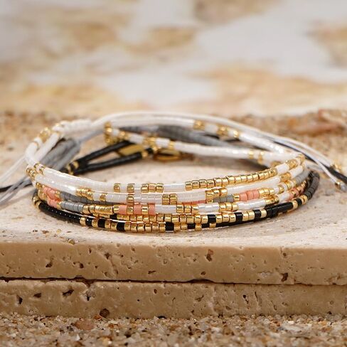 Boho Beaded Strand Friendship Bracelets set for Women,Adjustable Dainty Handmade Stackable White Gray Black 3PCS Couples String Rope Bracelet Bohemia Jewelry Gift in Saudi Arabia