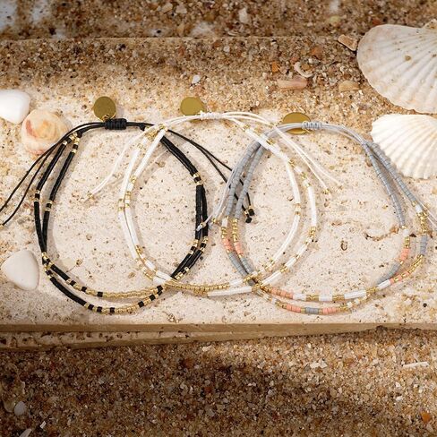 Boho Beaded Strand Friendship Bracelets set for Women,Adjustable Dainty Handmade Stackable White Gray Black 3PCS Couples String Rope Bracelet Bohemia Jewelry Gift in Saudi Arabia