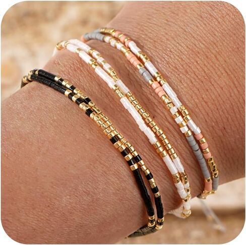 Boho Beaded Strand Friendship Bracelets set for Women,Adjustable Dainty Handmade Stackable White Gray Black 3PCS Couples String Rope Bracelet Bohemia Jewelry Gift in Saudi Arabia