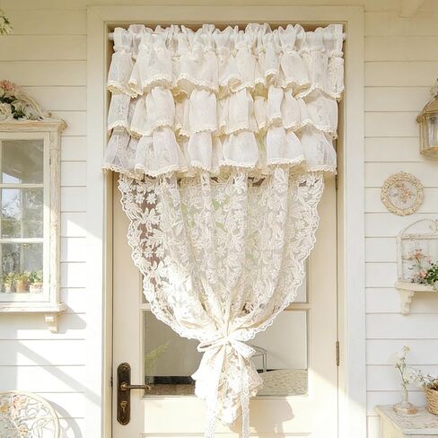 1 Panel Beige 3 Layer Doorway Ruffled Lace Sheer Crochet Curtains for Living Room Boho Light-Filtering Jacquard Tulle Drapes for Bedroom Floral Lace Curtains (Beige,W51 L47 inch) in Saudi Arabia