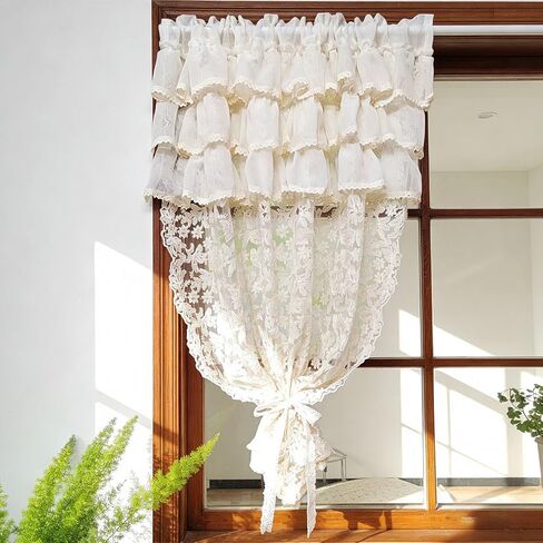 1 Panel Beige 3 Layer Doorway Ruffled Lace Sheer Crochet Curtains for Living Room Boho Light-Filtering Jacquard Tulle Drapes for Bedroom Floral Lace Curtains (Beige,W51 L47 inch) in Saudi Arabia