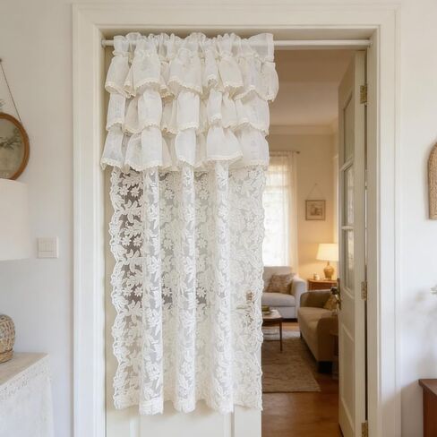 1 Panel Beige 3 Layer Doorway Ruffled Lace Sheer Crochet Curtains for Living Room Boho Light-Filtering Jacquard Tulle Drapes for Bedroom Floral Lace Curtains (Beige,W51 L47 inch) in Saudi Arabia