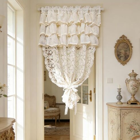 1 Panel Beige 3 Layer Doorway Ruffled Lace Sheer Crochet Curtains for Living Room Boho Light-Filtering Jacquard Tulle Drapes for Bedroom Floral Lace Curtains (Beige,W51 L47 inch) in Saudi Arabia