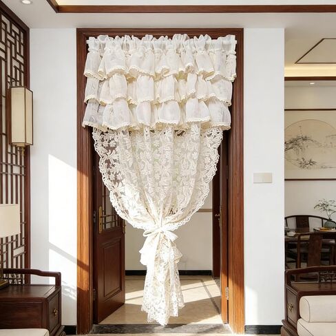 1 Panel Beige 3 Layer Doorway Ruffled Lace Sheer Crochet Curtains for Living Room Boho Light-Filtering Jacquard Tulle Drapes for Bedroom Floral Lace Curtains (Beige,W51 L47 inch) in Saudi Arabia