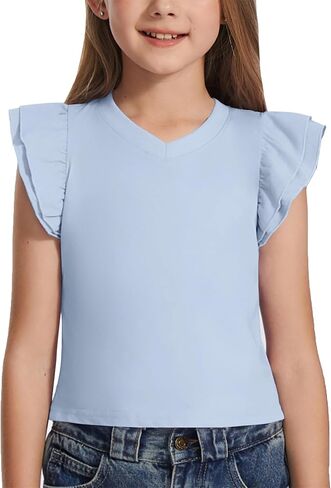Girls Flutter Sleeve Top V Neck Ruffle Short Sleeve T-Shirts Stretchy Cute Summer Casual Tees for Kids 5-14Y in Saudi Arabia