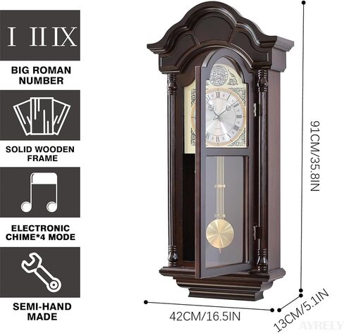 AYRELY® 36IN Big Grandfather Vintage Wall Clock with Pendulum and Chime, Hour/Quarter-Hour Chime, Ash Wooden Frame, Large Vintage Wall Clock for Living Room,Home Decor Gift in Saudi Arabia