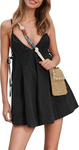Women's Cotton Deep V Neck Romper Spaghetti Strap Tie Side Flowy Summer Mini Jumpsuit Boho Beach Vacation Dress in Saudi Arabia