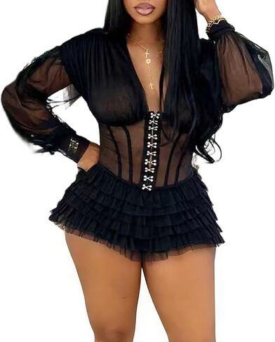 Tcremisa Womens Romper Casual Long Sleeve Mesh Patchwork Layered See Through Ruffle Jumpsuit One Piece Clubwear in Saudi Arabia