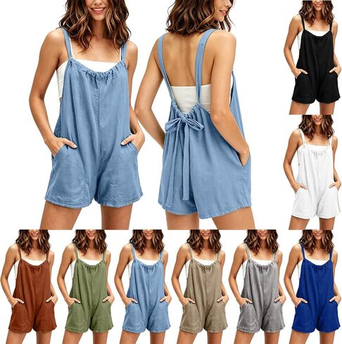 Women's Summer Casual Rompers Loose Sleeveless Spaghetti Strap Short Overalls with Pockets Tie Back Jumpsuits 2026 in Kuwait