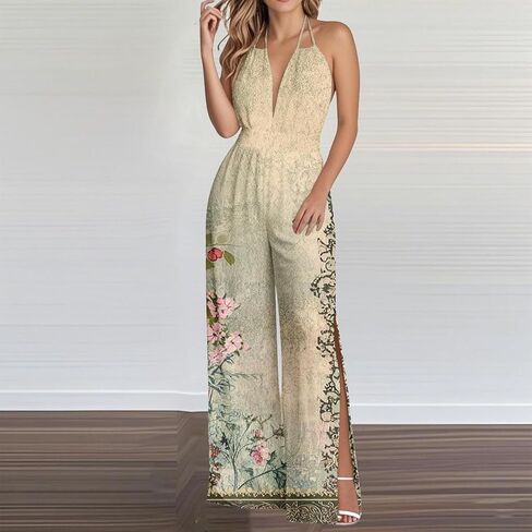 YMADREIG Jumpsuits for Women Dressy Casual One Piece Overalls Wrapped V Neck Sexy Rompers Halter Backless Wide Leg Jumpsuits in Saudi Arabia