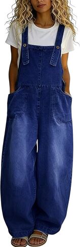chouyatou Women's Distressed Baggy Denim Bib Overalls Adjustable Strap Loose Fit Jeans Overall Pants Wide Leg Jumpsuit in Kuwait