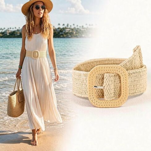 Women‘s Woven Belt Braided Waist, Fully Adjustable No Hole Belt With Square Buckle, Casual Boho Dress Belt in Kuwait