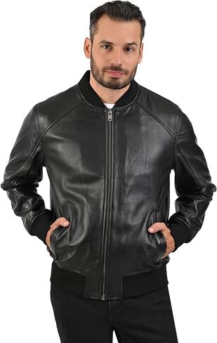 Frye MEN’S CLASSIC LEATHER BOMBER JACKET, GENUINE LEATHER, RIBBED KNIT COLLAR, CUFFS AND HEM – BLACK COLOR in Kuwait