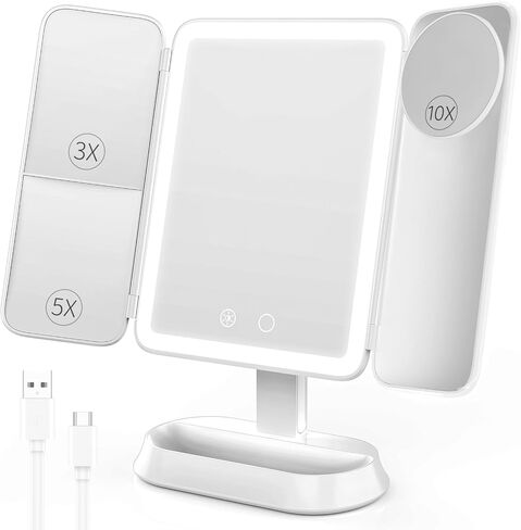 FRANO Makeup Mirror with Lights, Rechargeable Tri-Fold Magnifying Mirror,Touch Screen and 3X/5X/10X Magnification, Travel Mirror in Saudi Arabia