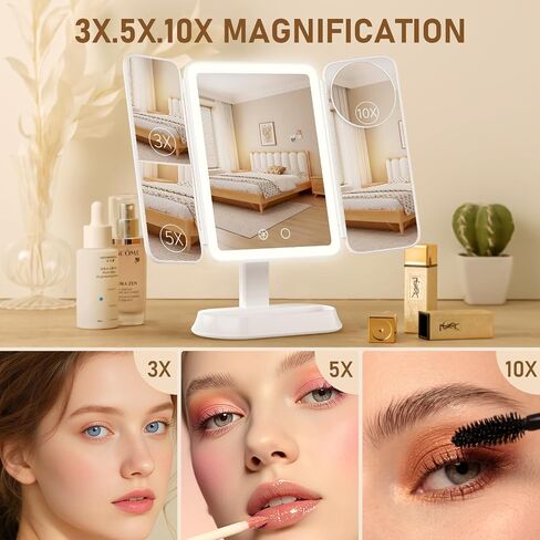 FRANO Makeup Mirror with Lights, Rechargeable Tri-Fold Magnifying Mirror,Touch Screen and 3X/5X/10X Magnification, Travel Mirror in Saudi Arabia