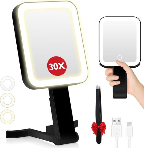 B Beauty Planet Magnifying Makeup Mirror with Lights, Double-Sided 1X/30X Magnifying Mirror, 3 Color Lighting & Brightness Adjustable, Portable &Foldable Handheld Mirror with Lights(9" L x 7" W) in Saudi Arabia