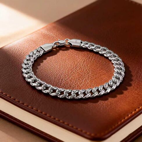 Italian Handmade Sterling Silver Mens Chain Bracelet | Solid S925 | Gift for Dad, Boyfriend, Son, My Man | 8.6" Black Spots in Saudi Arabia