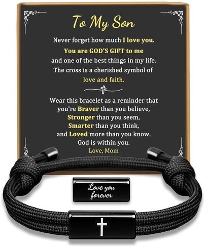 To My Son Bracelet from Mom Son’s Tiger Eye Cross Protect Bracelet for Men Black Beads Bangle Engraved With Love You Forever Jewelry Baptism Gifts for Christmas Birthday in Saudi Arabia