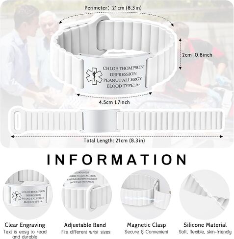 Custom Medical ID Bracelet Personalized Engraving, Adjustable Silicone Strap, Comfort Fit, Waterproof Sport Medical Alert Bracelet for Men & Women, Personalized Medic Gifts in Kuwait