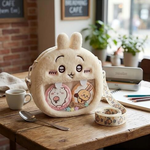 Cute Cartoon Bag with 5 Blind Box Badges, Transparent Window Crossbody Bag for Anime Badge Display, Gift for Fans in Saudi Arabia