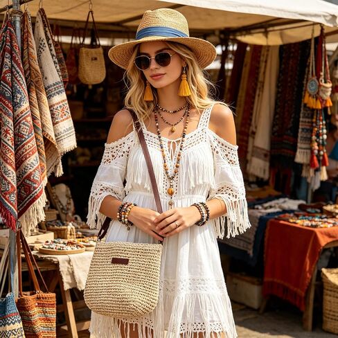 Straw Crossbody Bag for Women Beach Shoulder Handbag Woven Straw Purse Casual Beachy Tote 10×9 Inch with Adjustable Strap for Summer Vacation Travel Essential Daily Bag in Saudi Arabia