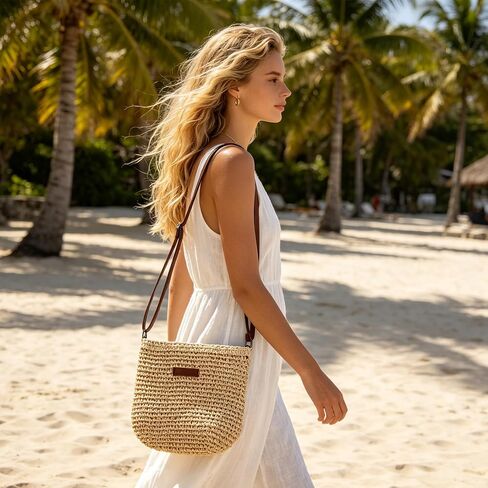 Straw Crossbody Bag for Women Beach Shoulder Handbag Woven Straw Purse Casual Beachy Tote 10×9 Inch with Adjustable Strap for Summer Vacation Travel Essential Daily Bag in Saudi Arabia