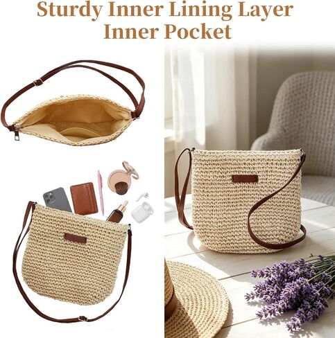 Straw Crossbody Bag for Women Beach Shoulder Handbag Woven Straw Purse Casual Beachy Tote 10×9 Inch with Adjustable Strap for Summer Vacation Travel Essential Daily Bag in Saudi Arabia