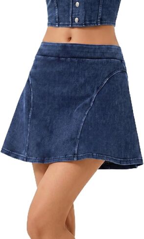 Women's Athletic Denim Skorts Elastic High Waist Built-in Shorts Tennis Casual A-line Stretchy Jean Skirts in Saudi Arabia