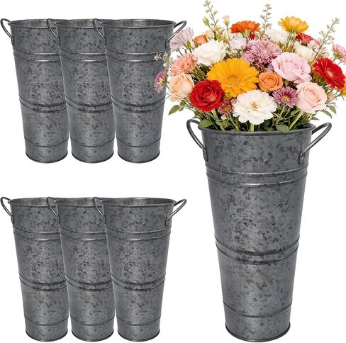 12 Inch Galvanized Metal Flower Buckets, Set of 6 - Rustic Tin Vases with Handles for Farmhouse & Wedding Decor, Tall Planters for Cut Flowers, Table Centerpiece & Home Organization in Saudi Arabia