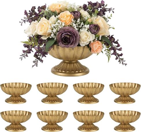 Set of 8 Antique Gold Compote Vases, 7.1" W x 3.94" H Metal Pedestal Vase for Centerpiece, Small Brass Compote Bowls for Floral Arrangements, Table Decor for Wedding Events Parties Decoration in Saudi Arabia