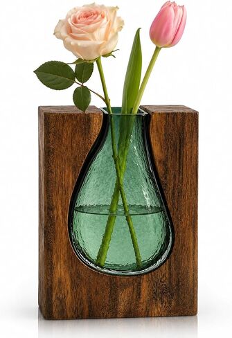 Adkoat® Wood and Glass Vase - 9.5" Green Glass Nordic Live Edge Vase for Flower - Wooden Flower Vase with Wood Base - Unique Modern Decorative - Shelf Desk Coffee Table Entryway Centerpiece Home Decor in Saudi Arabia
