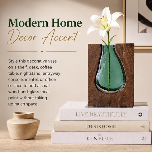 Adkoat® Wood and Glass Vase - 9.5" Green Glass Nordic Live Edge Vase for Flower - Wooden Flower Vase with Wood Base - Unique Modern Decorative - Shelf Desk Coffee Table Entryway Centerpiece Home Decor in Saudi Arabia