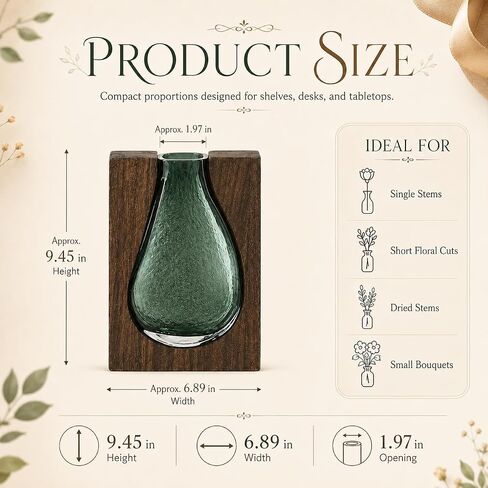 Adkoat® Wood and Glass Vase - 9.5" Green Glass Nordic Live Edge Vase for Flower - Wooden Flower Vase with Wood Base - Unique Modern Decorative - Shelf Desk Coffee Table Entryway Centerpiece Home Decor in Saudi Arabia