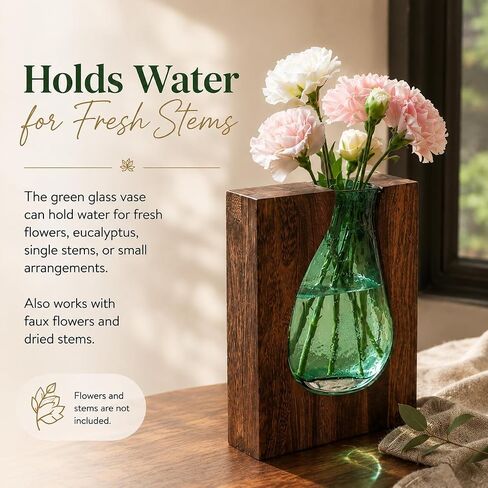 Adkoat® Wood and Glass Vase - 9.5" Green Glass Nordic Live Edge Vase for Flower - Wooden Flower Vase with Wood Base - Unique Modern Decorative - Shelf Desk Coffee Table Entryway Centerpiece Home Decor in Saudi Arabia