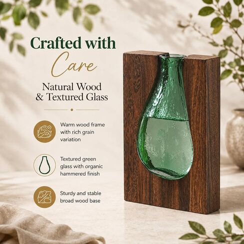 Adkoat® Wood and Glass Vase - 9.5" Green Glass Nordic Live Edge Vase for Flower - Wooden Flower Vase with Wood Base - Unique Modern Decorative - Shelf Desk Coffee Table Entryway Centerpiece Home Decor in Saudi Arabia