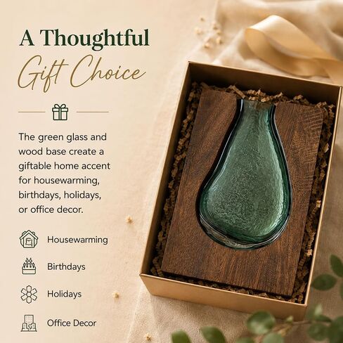 Adkoat® Wood and Glass Vase - 9.5" Green Glass Nordic Live Edge Vase for Flower - Wooden Flower Vase with Wood Base - Unique Modern Decorative - Shelf Desk Coffee Table Entryway Centerpiece Home Decor in Saudi Arabia