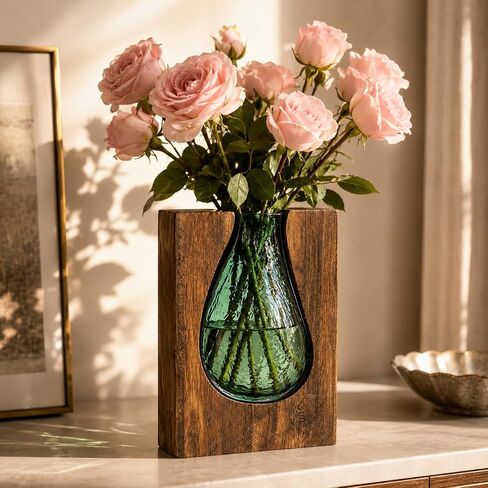 Adkoat® Wood and Glass Vase - 9.5" Green Glass Nordic Live Edge Vase for Flower - Wooden Flower Vase with Wood Base - Unique Modern Decorative - Shelf Desk Coffee Table Entryway Centerpiece Home Decor in Saudi Arabia