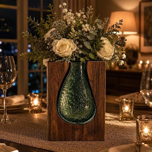 Adkoat® Wood and Glass Vase - 9.5" Green Glass Nordic Live Edge Vase for Flower - Wooden Flower Vase with Wood Base - Unique Modern Decorative - Shelf Desk Coffee Table Entryway Centerpiece Home Decor in Saudi Arabia