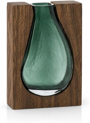 Adkoat® Wood and Glass Vase - 9.5" Green Glass Nordic Live Edge Vase for Flower - Wooden Flower Vase with Wood Base - Unique Modern Decorative - Shelf Desk Coffee Table Entryway Centerpiece Home Decor in Saudi Arabia