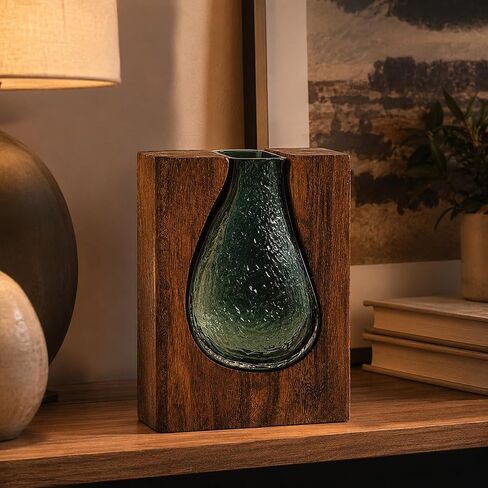 Adkoat® Wood and Glass Vase - 9.5" Green Glass Nordic Live Edge Vase for Flower - Wooden Flower Vase with Wood Base - Unique Modern Decorative - Shelf Desk Coffee Table Entryway Centerpiece Home Decor in Saudi Arabia