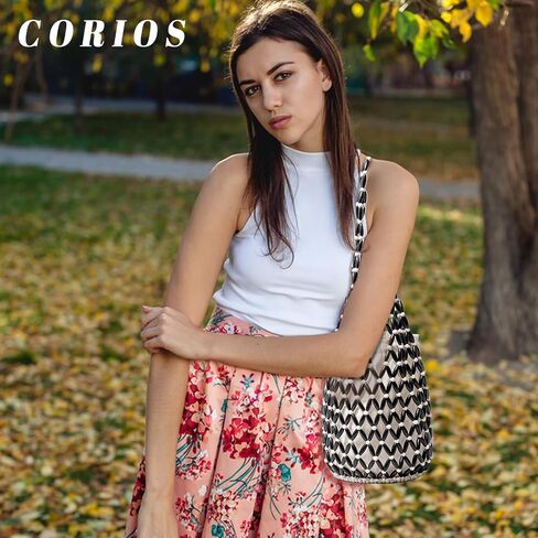 CORIOS Handmade Woven Bucket Bag Drawstring Handbag for Women Summer Beach Bag Bohemian Clutch Bag Retro Top-handle Bag in Kuwait