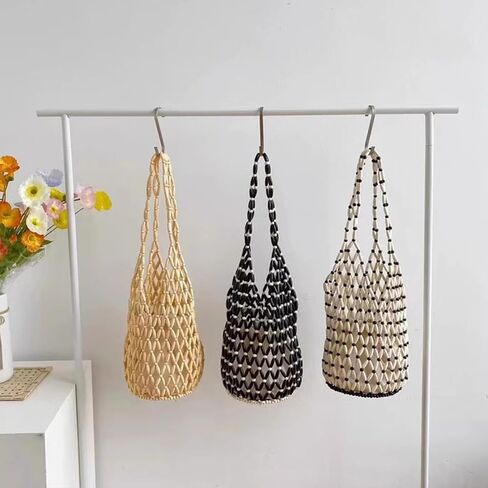 CORIOS Handmade Woven Bucket Bag Drawstring Handbag for Women Summer Beach Bag Bohemian Clutch Bag Retro Top-handle Bag in Kuwait