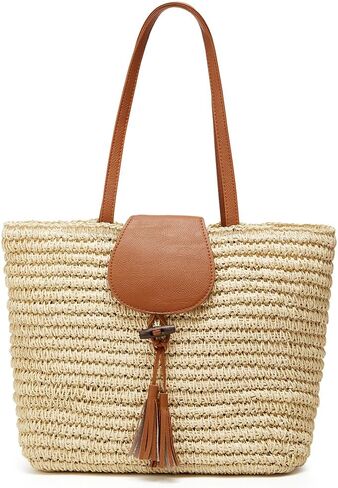 Women's Summer Straw Beach Shoulder Bag Large Woven Wicker Rattan Handbag Vacation Tote Purse with Tassel in Kuwait