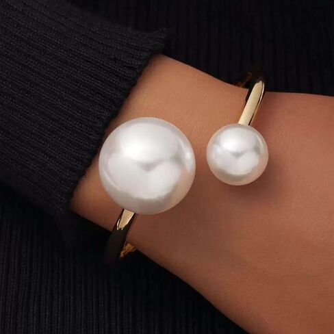 Asymmetrical Faux Pearl Bracelet, Open Copper Design Daily Wear Pearl Jewelry Gifts And Bangle Bracelets For Women Plus Classic Bracelets For Women in Saudi Arabia