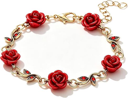 Alegend 14K Gold Plated Vintage Red Rose Charm Bracelet for Women - Flower Link Bracelet with Crystal Accents, Romantic Fine Jewelry for Gift in Saudi Arabia