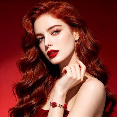 Alegend 14K Gold Plated Vintage Red Rose Charm Bracelet for Women - Flower Link Bracelet with Crystal Accents, Romantic Fine Jewelry for Gift in Saudi Arabia