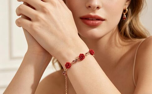 Alegend 14K Gold Plated Vintage Red Rose Charm Bracelet for Women - Flower Link Bracelet with Crystal Accents, Romantic Fine Jewelry for Gift in Saudi Arabia