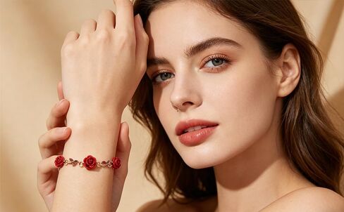 Alegend 14K Gold Plated Vintage Red Rose Charm Bracelet for Women - Flower Link Bracelet with Crystal Accents, Romantic Fine Jewelry for Gift in Saudi Arabia